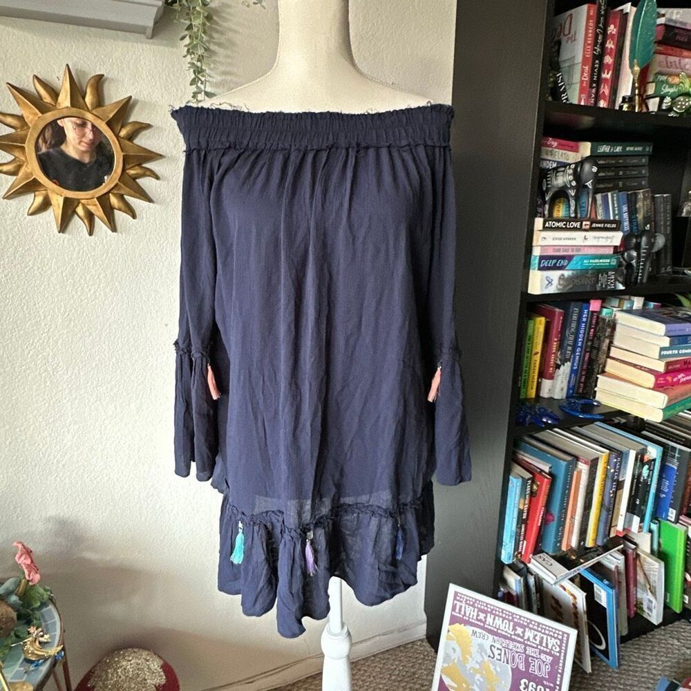 Surf Gypsy Size Small Off shoulder Blue Tassel mini Dress 3/4 sleeve